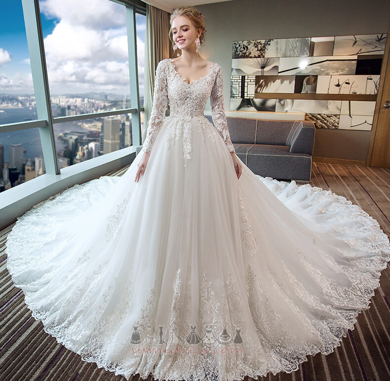 Medium Applique V-Neck Hall Long Sleeves Illusion Sleeves Wedding Dress