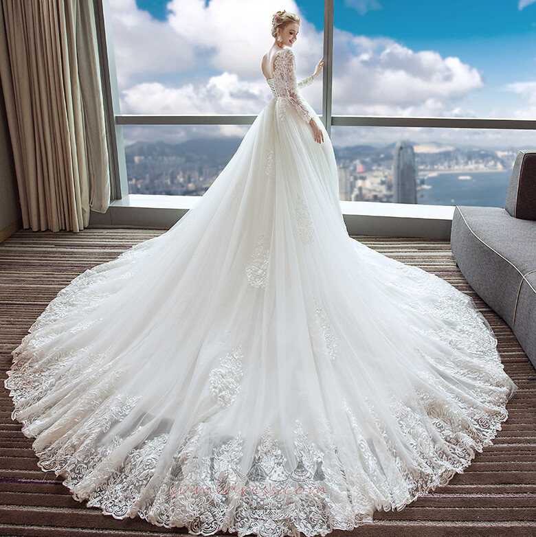 Medium Applique V-Neck Hall Long Sleeves Illusion Sleeves Wedding Dress