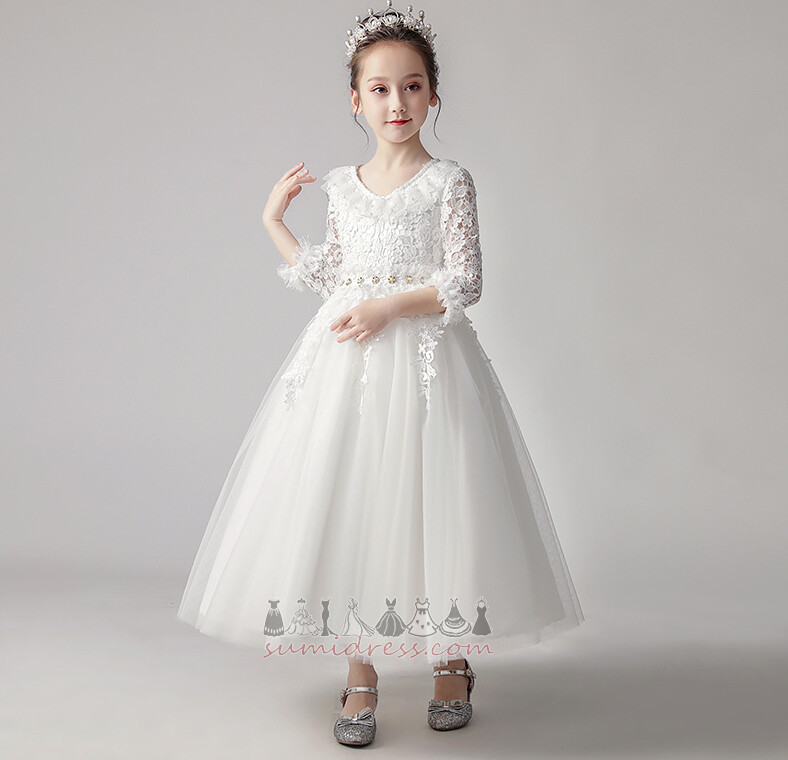 Medium Enkellange Formeel Illusie Driekwart mouwen Kant Bloem meisje jurk
