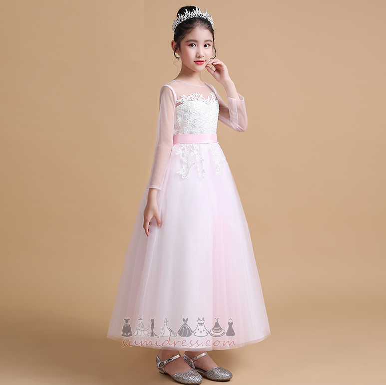 Medium Illusion Sleeves Applique A-Line Lace Overlay Accented Bow Flower Girl Dress