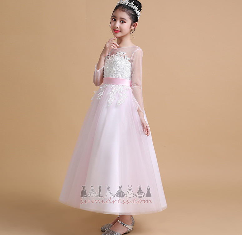 Medium Illusion Sleeves Applique A-Line Lace Overlay Accented Bow Flower Girl Dress