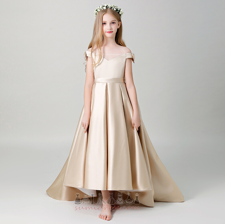 Medium Short Sleeves Natural Waist Draped Hemline Asymmetrical Satin Flower Girl Dress