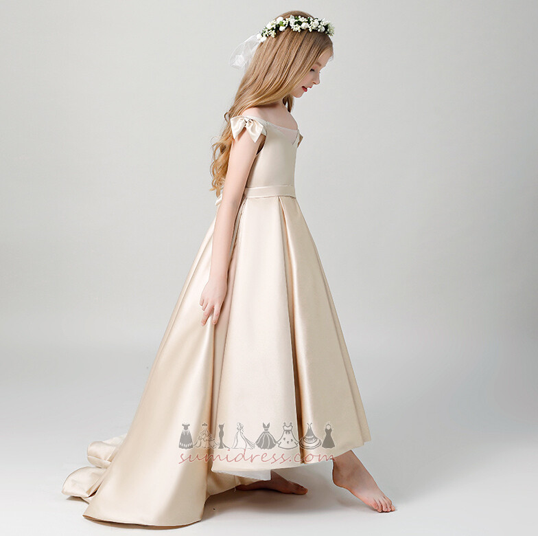 Medium Short Sleeves Natural Waist Draped Hemline Asymmetrical Satin Flower Girl Dress