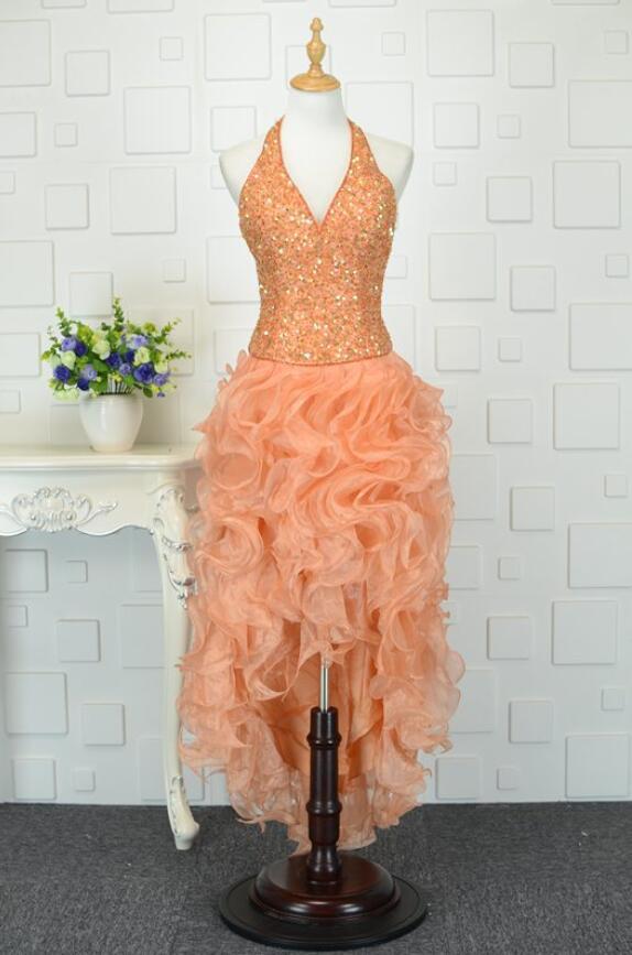 Medium Tiered Asymmetrical Chic V-Neck Organza Cocktail Dress
