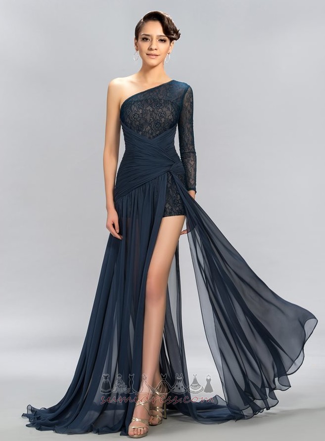 Mid Back Applique Chiffon Long Asymmetrical Sleeves One Shoulder Evening Dress