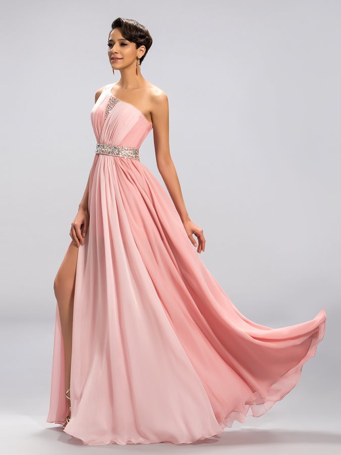 Mid Back Sleeveless Front Slit Natural Waist Beading A-Line Evening Dress