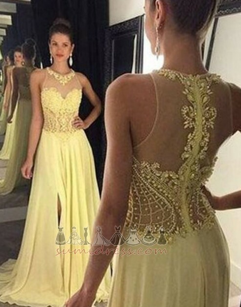 Mid Back Sweep Train Jewel Sleeveless Front Slit Ball Evening gown