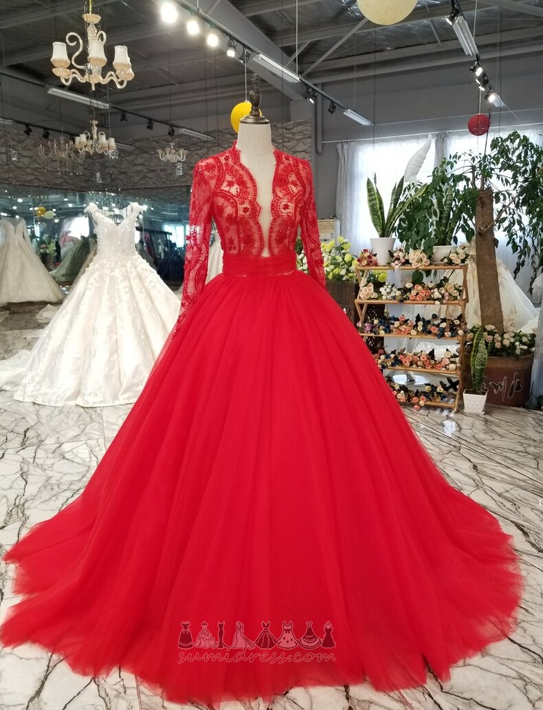 Mit Spitze Lange Ärmel Luxus Tüll Drapierung Zug zu fegen Brautkleid