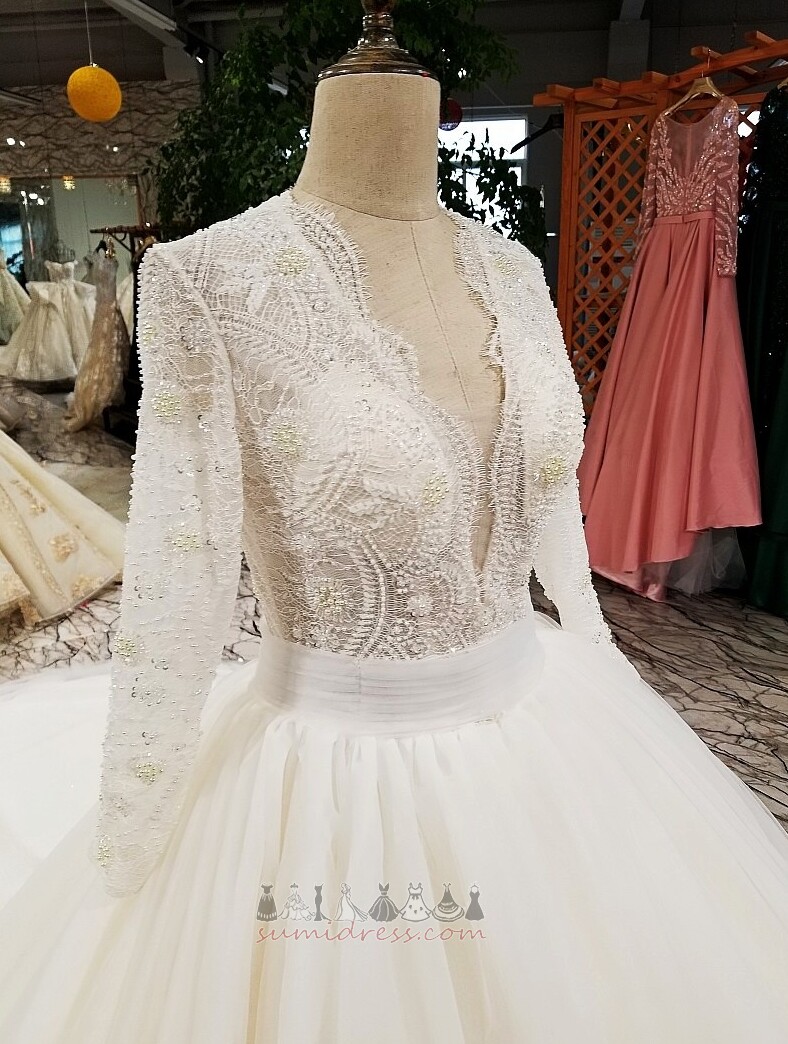 Mit Spitze Lange Ärmel Luxus Tüll Drapierung Zug zu fegen Brautkleid