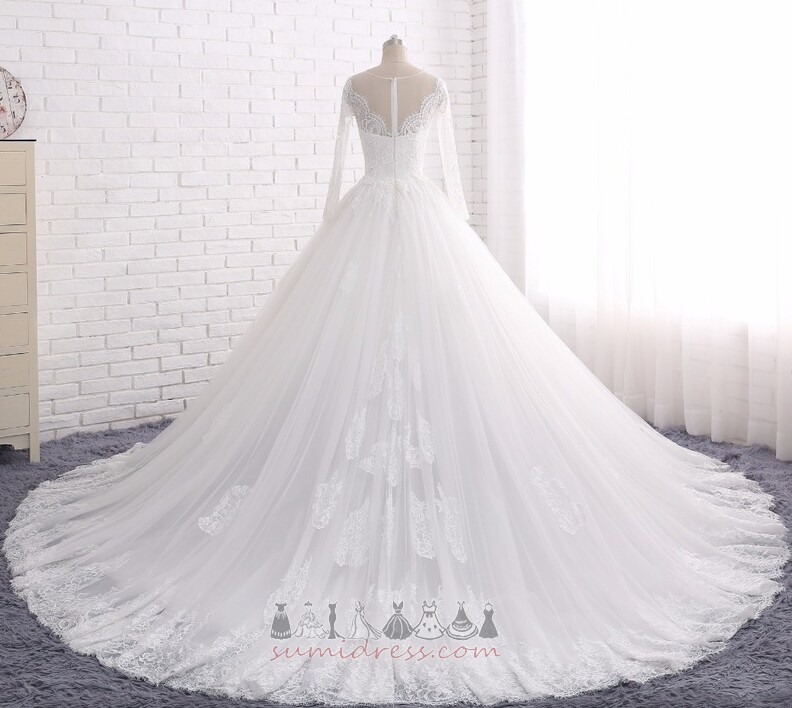 мереживо Довго довгі рукави лінія коштовність блискавка вгору Весільна сукня