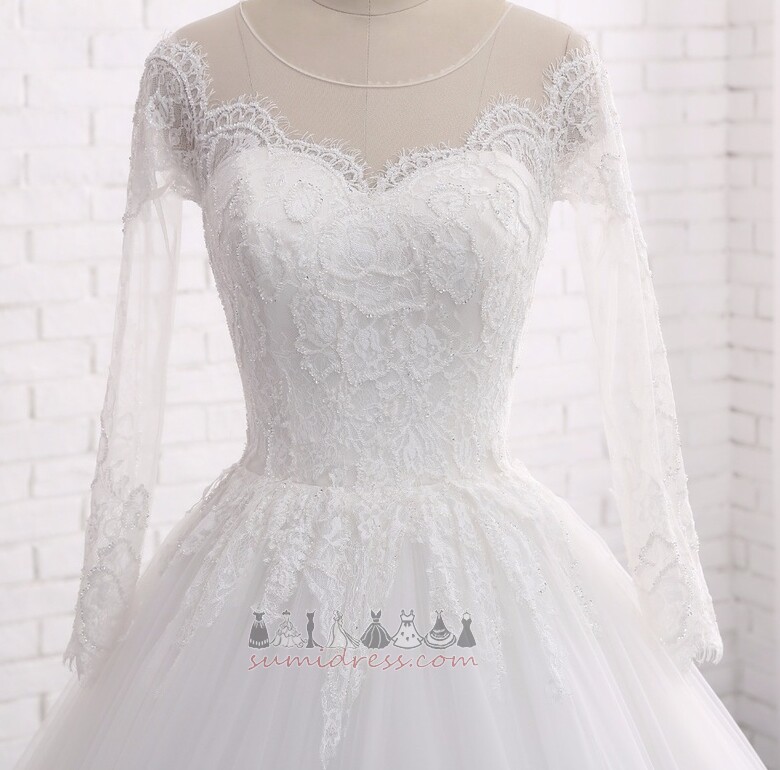 мереживо Довго довгі рукави лінія коштовність блискавка вгору Весільна сукня