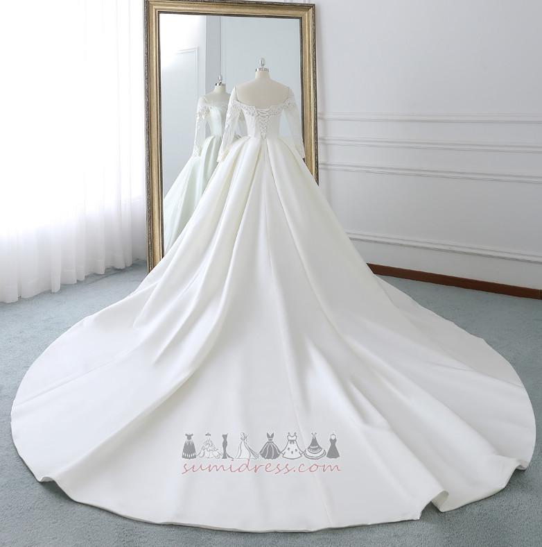 Мереживо Overlay довгі рукави лінія Босоніжки З плеча атлас Весільна сукня