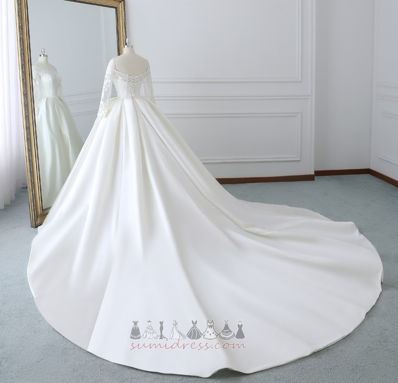 Мереживо Overlay довгі рукави лінія Босоніжки З плеча атлас Весільна сукня