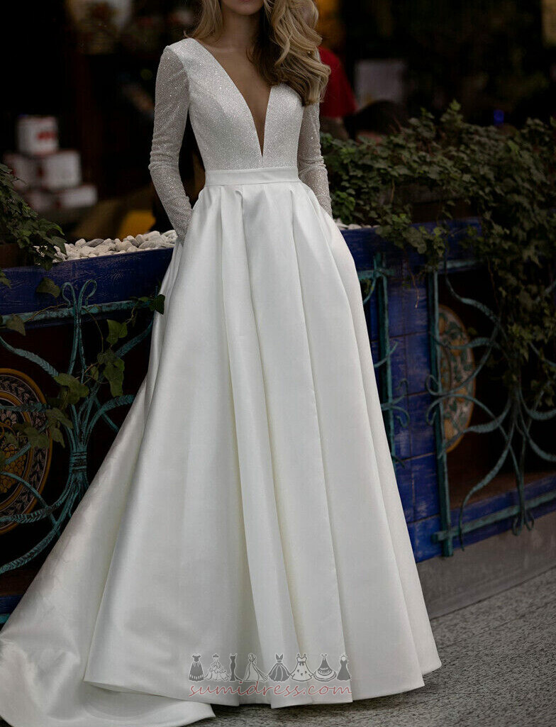 метене влак Църква Тениска Сатен V-образно деколте дълго сватбена рокля