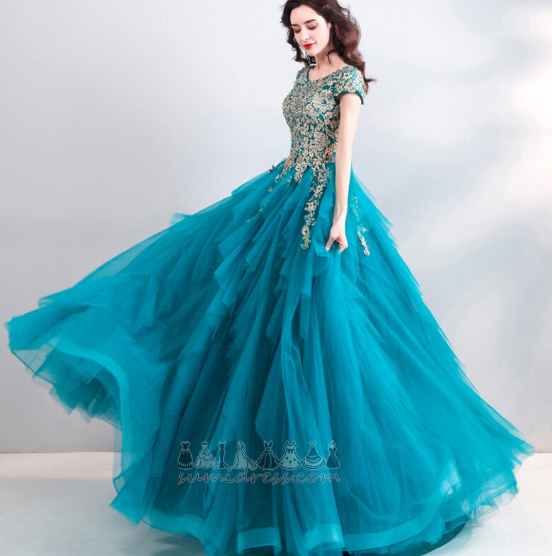 Multi Layer Short Sleeves Sweep Train Natural Waist Elegant Lace Prom Dress
