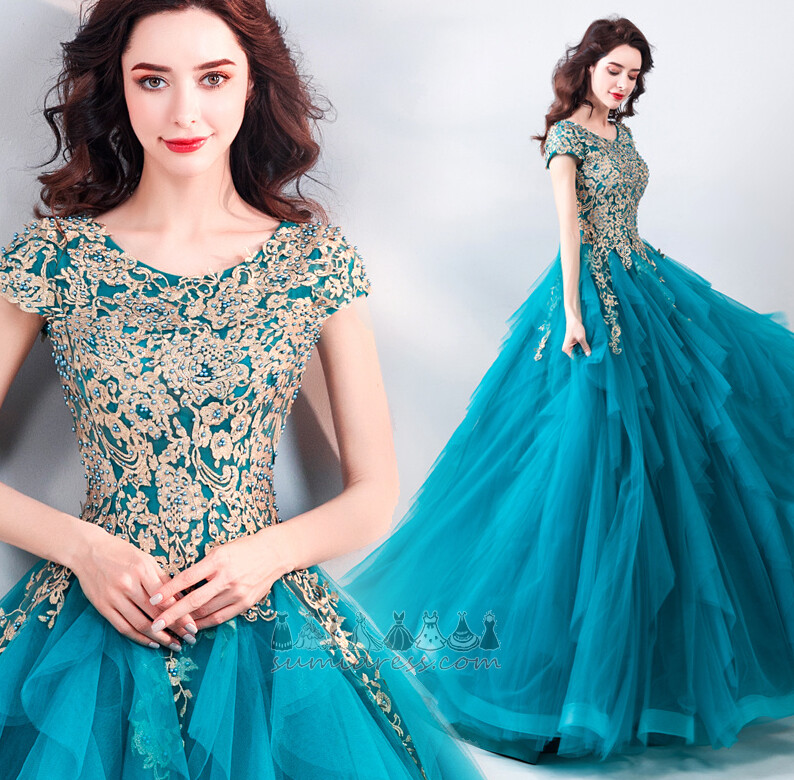 Multi Layer Short Sleeves Sweep Train Natural Waist Elegant Lace Prom Dress