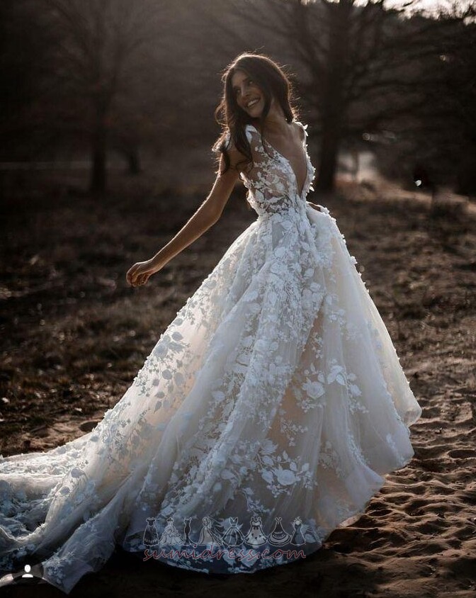 на відкритому повітрі лінія V-подібним вирізом тюль блоковані рукава літо Весільна сукня