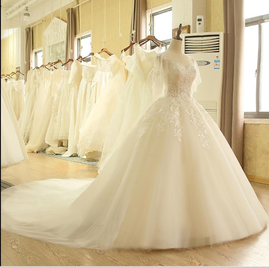 Natural Waist 3/4 Length Sleeves Illusion Sleeves Lace Bateau A-Line Wedding Dress