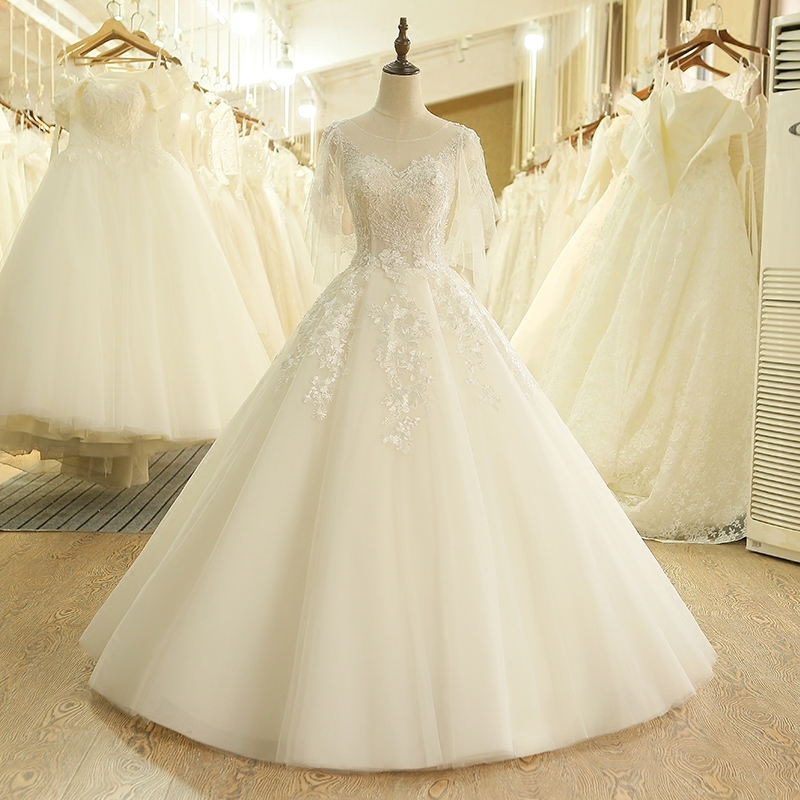 Natural Waist 3/4 Length Sleeves Illusion Sleeves Lace Bateau A-Line Wedding Dress