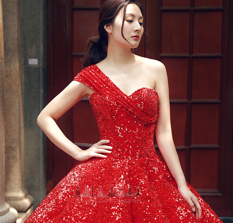Natural Waist A-Line Fall Floor Length Sequined Bodice One Shoulder Prom gown