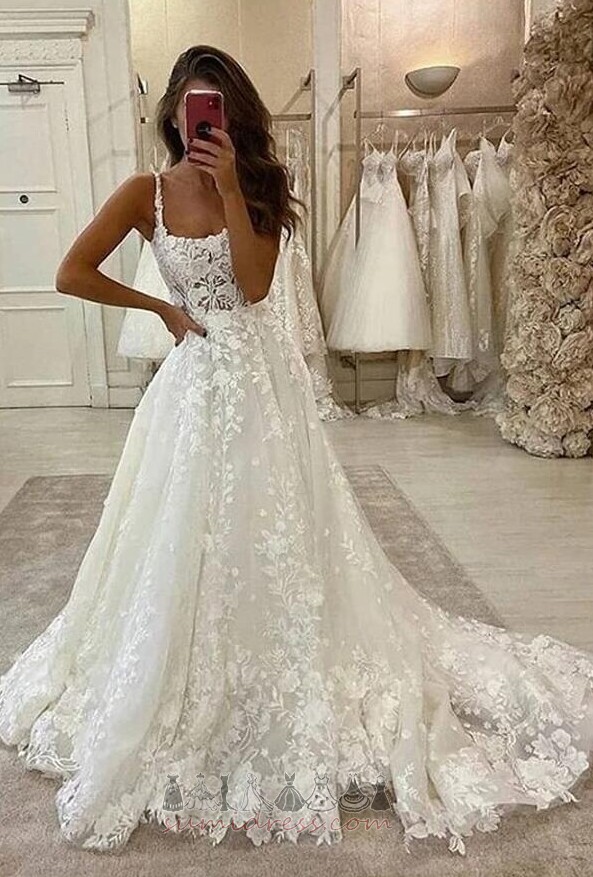 Natural Waist A-Line Lace Spaghetti Straps Zipper Up Sleeveless Wedding Dress