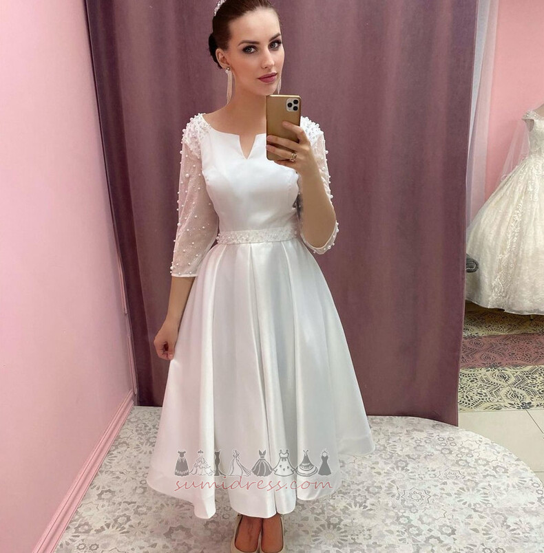 Natural Waist A-Line Simple Long Sleeves Tea Length Pearls Wedding Dress