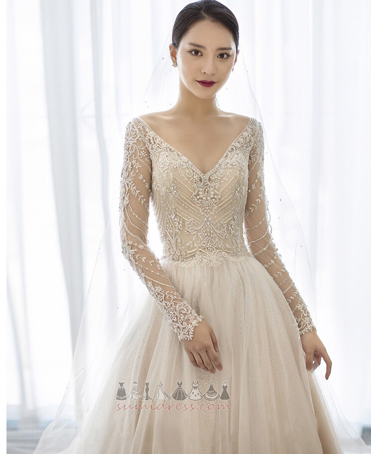Natural Waist Applique Illusion Sleeves Jewel Bodice V-Neck Deep v-Neck Wedding Dress