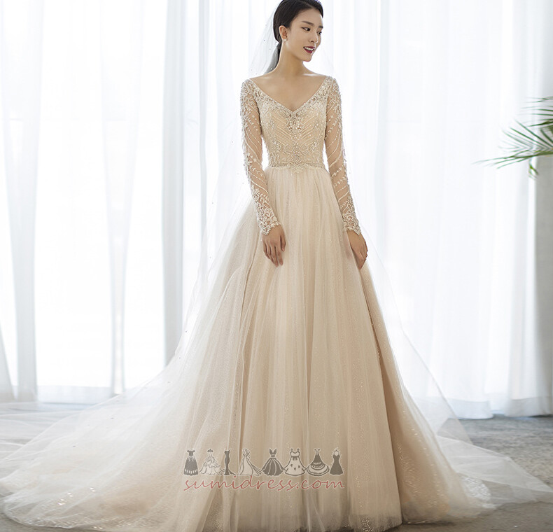 Natural Waist Applique Illusion Sleeves Jewel Bodice V-Neck Deep v-Neck Wedding Dress