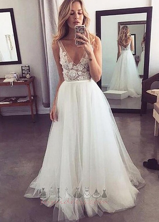Natural Waist Applique Zipper Up Sleeveless A-Line Tulle Wedding Dress