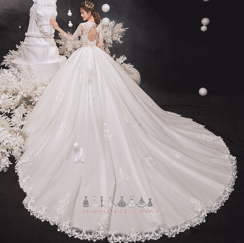 Natural Waist Beading Cathedral Train Long Sleeves Lace Overlay Princess Wedding Dress