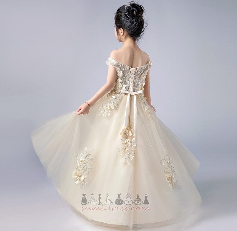 Natural Waist Fall Ankle Length Off Shoulder Accented Rosette Flower Girl Dress