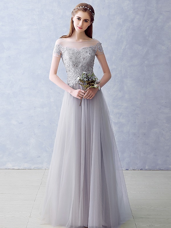 Natural Waist Floor Length Elegant Short Sleeves Zipper Up A-Line Evening Dress