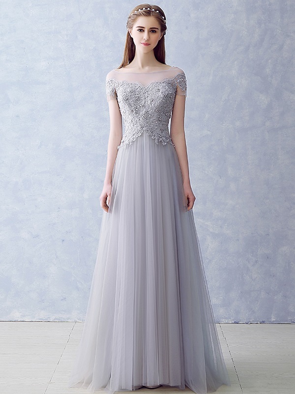 Natural Waist Floor Length Elegant Short Sleeves Zipper Up A-Line Evening Dress