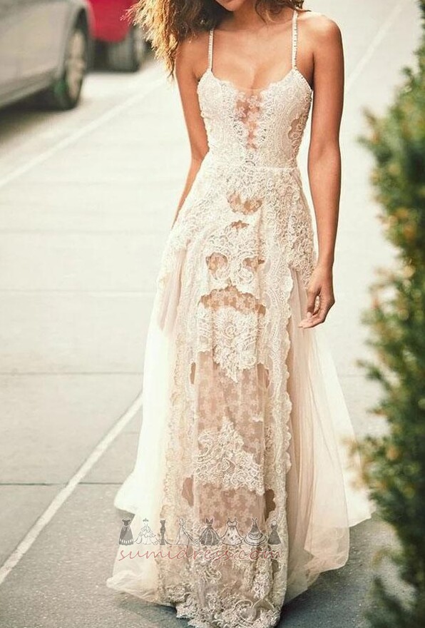Natural Waist Floor Length Lace A-Line Inverted Triangle Zipper Up Wedding Dress