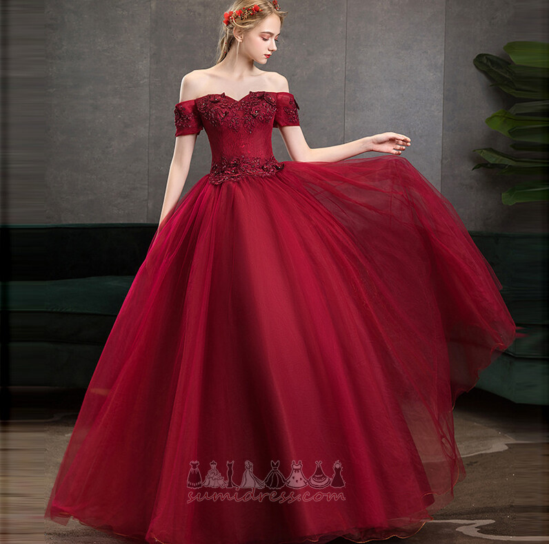 Natural Waist Floor Length Off Shoulder Short Sleeves Formal Tulle Prom Dress