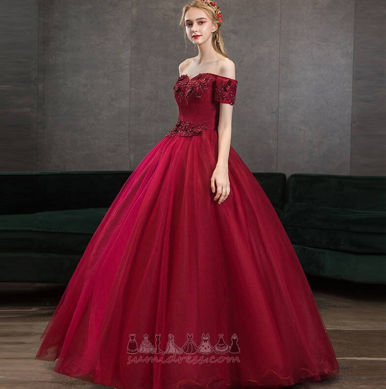 Natural Waist Floor Length Off Shoulder Short Sleeves Formal Tulle Prom Dress