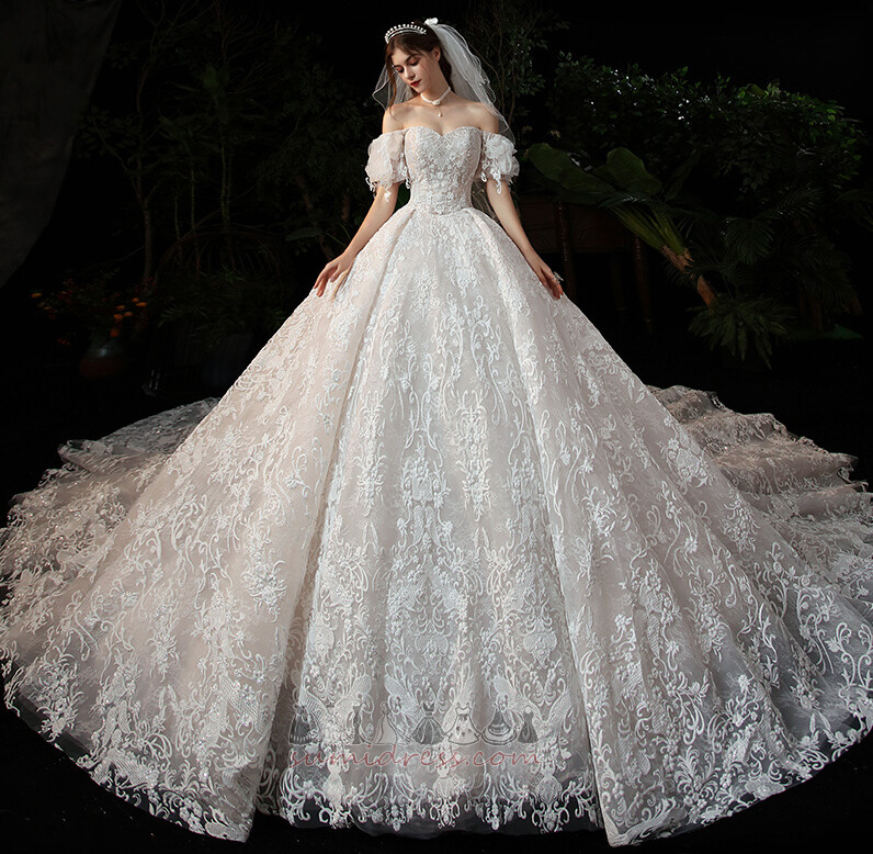 Natural Waist Hall Long Off Shoulder Lace A-Line Wedding Dress