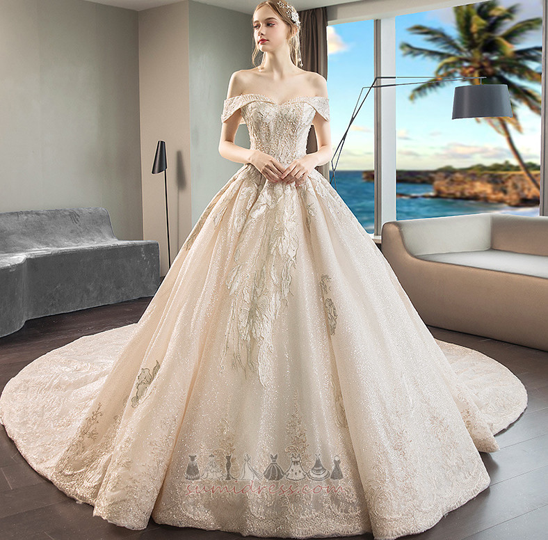 Natural Waist Inverted Triangle Long Dew shoulder Short Sleeves A-Line Wedding Dress
