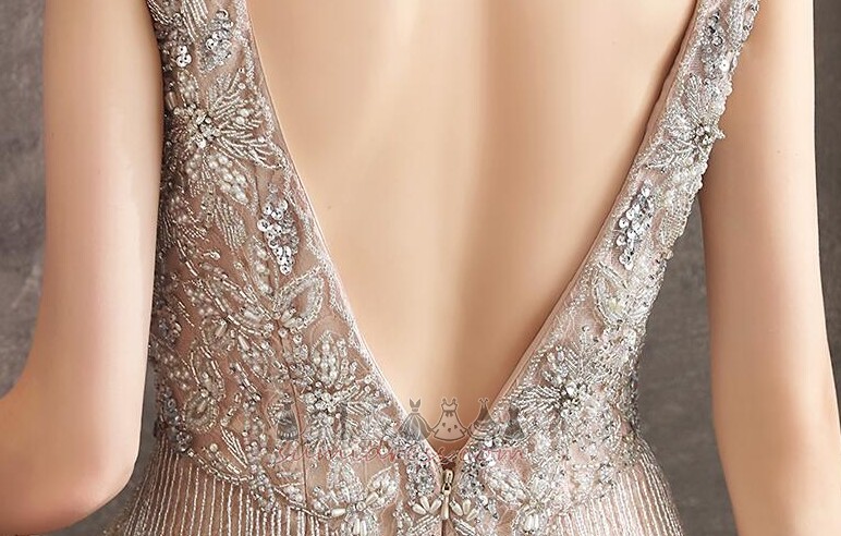Natural Waist Jewel Bodice V-Neck Beading Chic Zipper Up Evening Dress