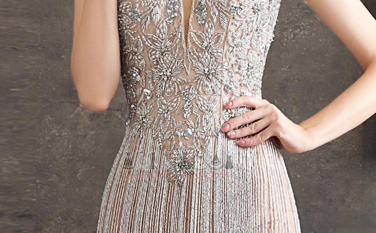 Natural Waist Jewel Bodice V-Neck Beading Chic Zipper Up Evening Dress