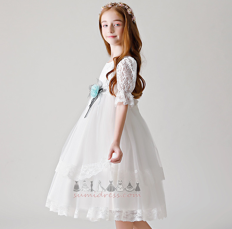 Natural Waist Lace Accented Rosette Short Sleeves Zipper Up Swing Flower Girl Dress