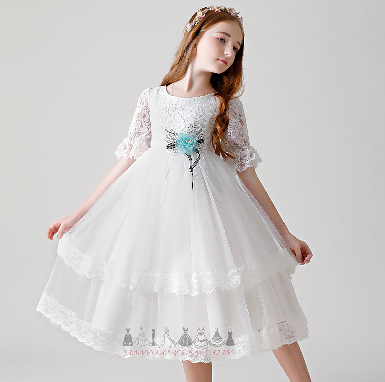 Natural Waist Lace Accented Rosette Short Sleeves Zipper Up Swing Flower Girl Dress