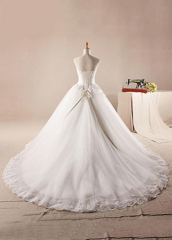 Natural Waist Lace-up Formal Tulle Pearls Medium Wedding Dress