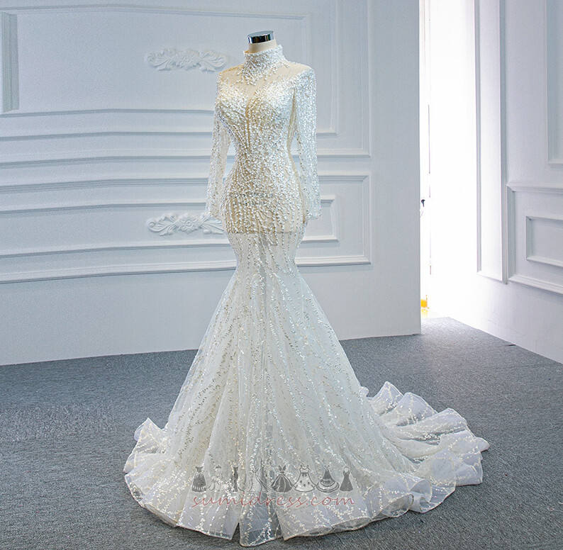 Natural Waist Lace-up Sexy High Neck Illusion Sleeves Tulle Wedding Dress