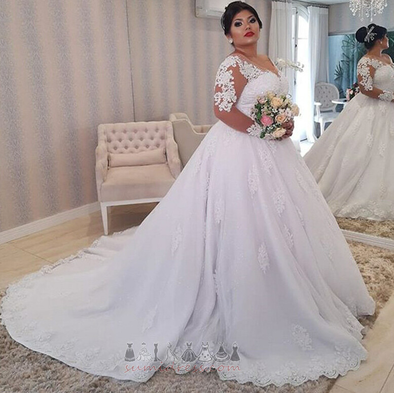 Natural Waist Lace V-Neck Elegant Long Illusion Sleeves Wedding Dress