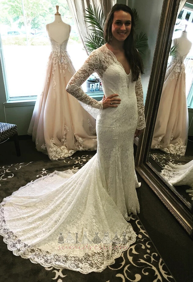Natural Waist Long Illusion Sleeves Elegant Lace Court Train Wedding Dress