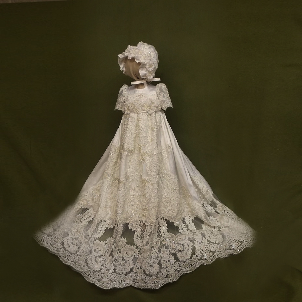 Natural Waist Long Lace Jewel Illusion Sleeves Princess Flower Girl Dress