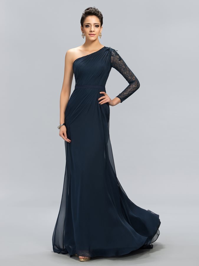 Natural Waist Long Sleeves Floor Length Asymmetrical Sleeves Summer Evening Dress