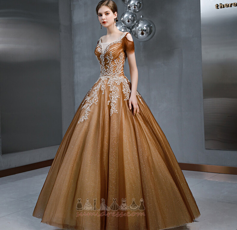 Natural Waist Off Shoulder String Applique Sparkle Tulle Prom Dress