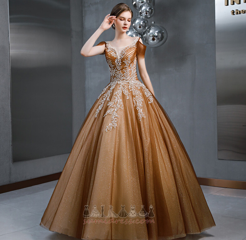 Natural Waist Off Shoulder String Applique Sparkle Tulle Prom Dress